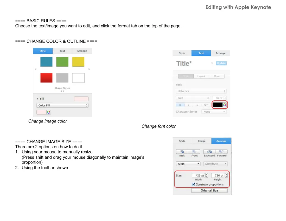 Calendar editing instructions for Apple Keynote: change image and font colors and resize images proportionally