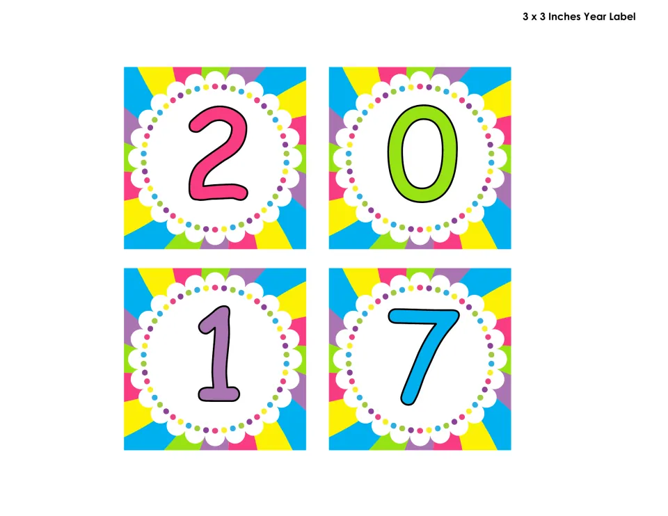 Calendar year label sheet with four separate digits, 2, 0, 1, and 7, each labeled as 3 by 3 inches