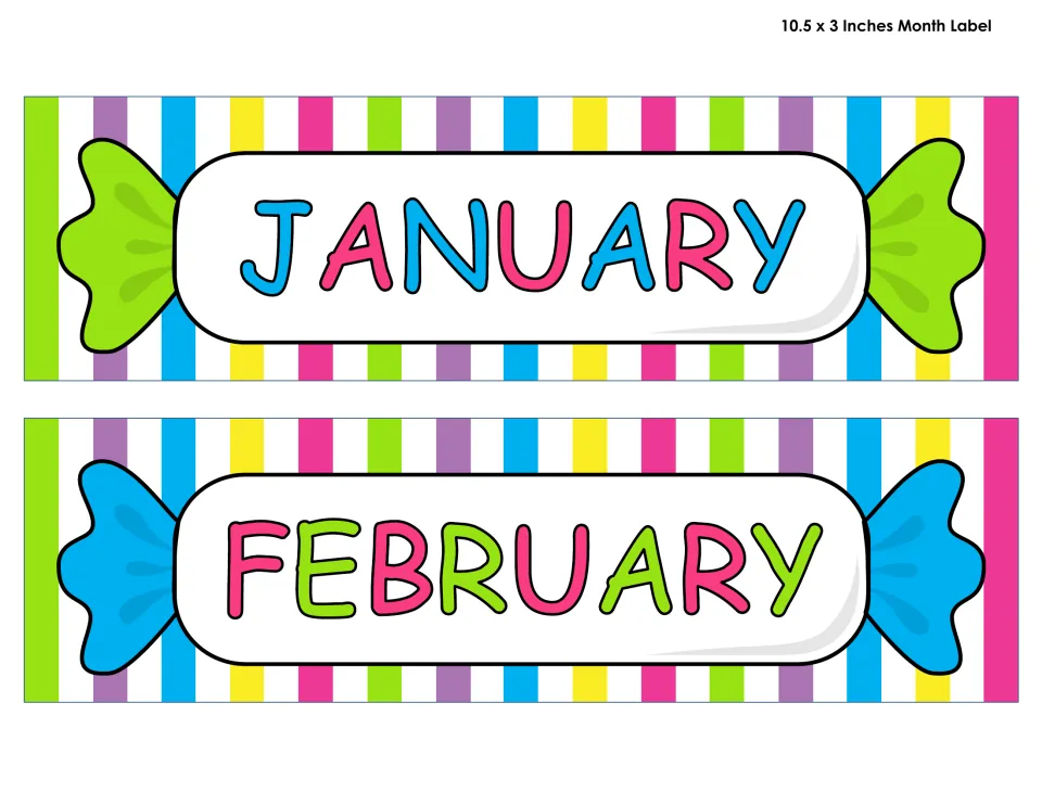 January and February month labels for the classroom calendar, printed two per sheet at 10.5 by 3 inches