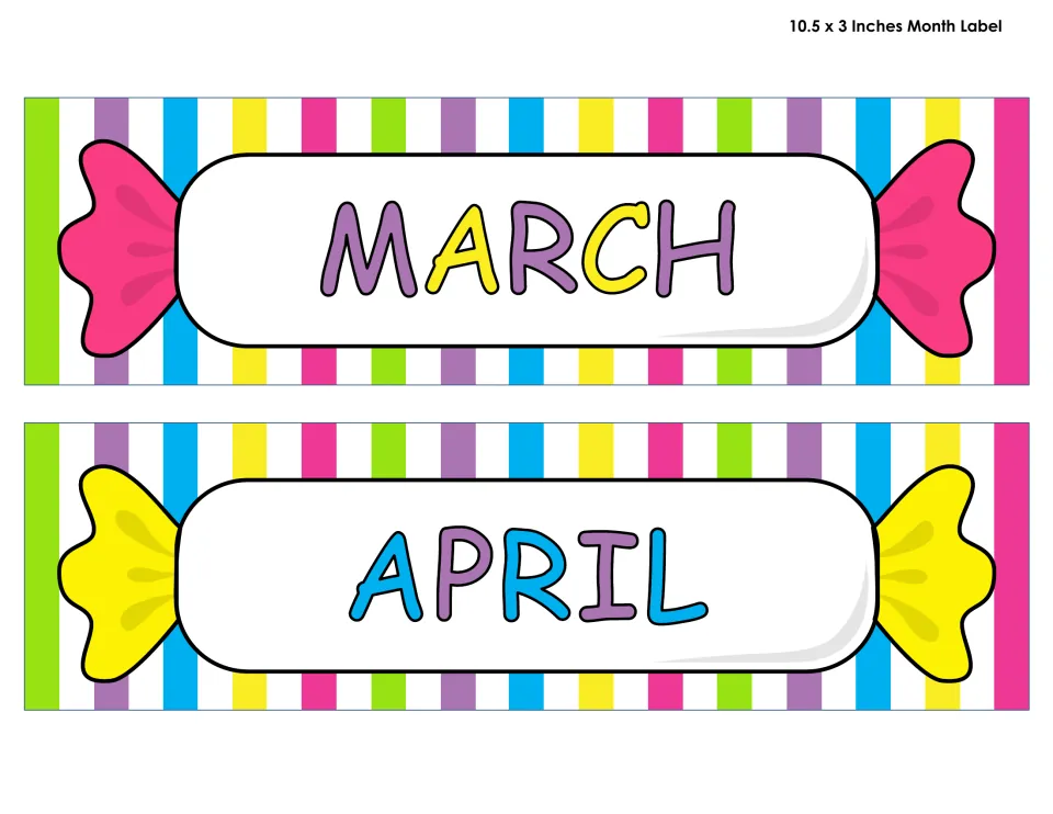 March and April month labels for the classroom calendar, printed two per sheet at 10.5 by 3 inches