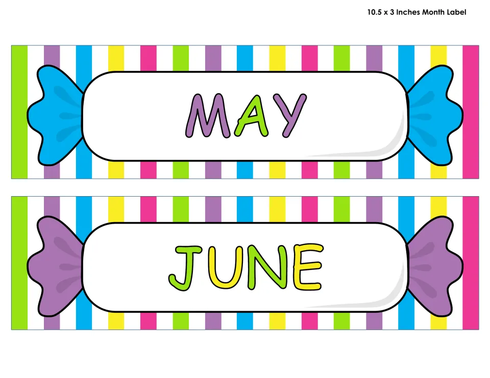 May and June month labels for the classroom calendar, printed two per sheet and measuring 10.5 by 3 inches