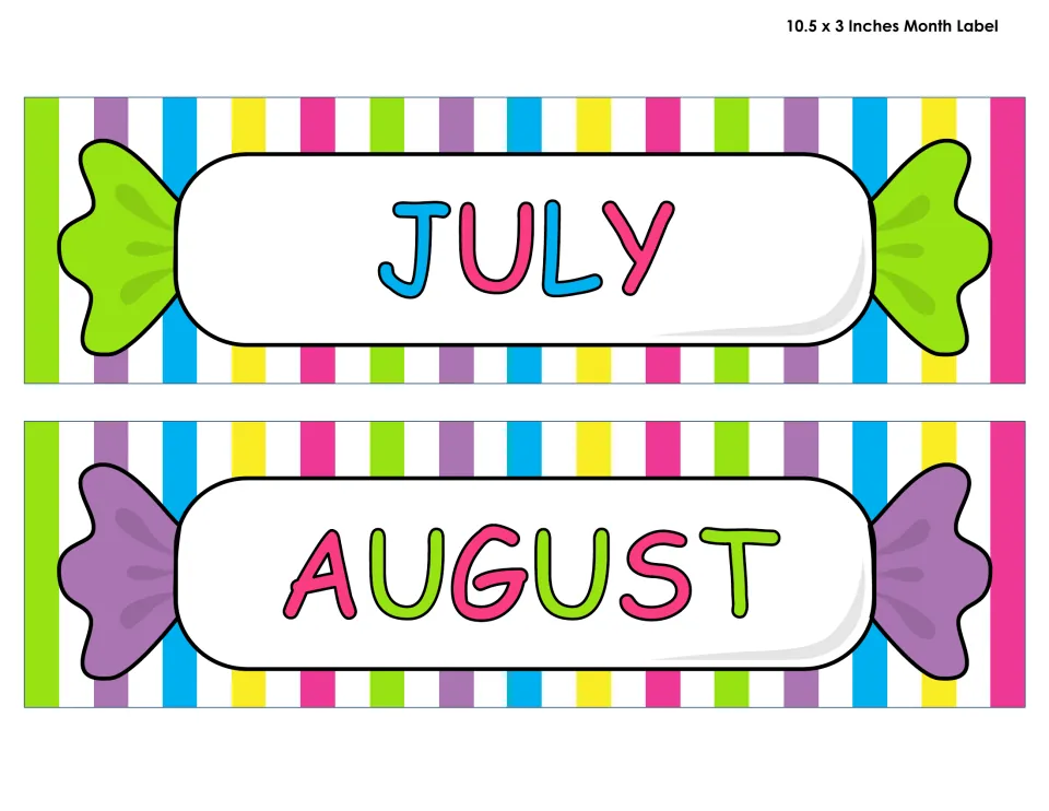 July and August month labels for the classroom calendar, printed two per sheet at 10.5 by 3 inches