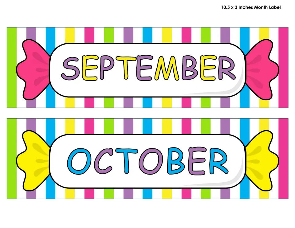September and October month labels for the classroom calendar, printed two per sheet at 10.5 by 3 inches