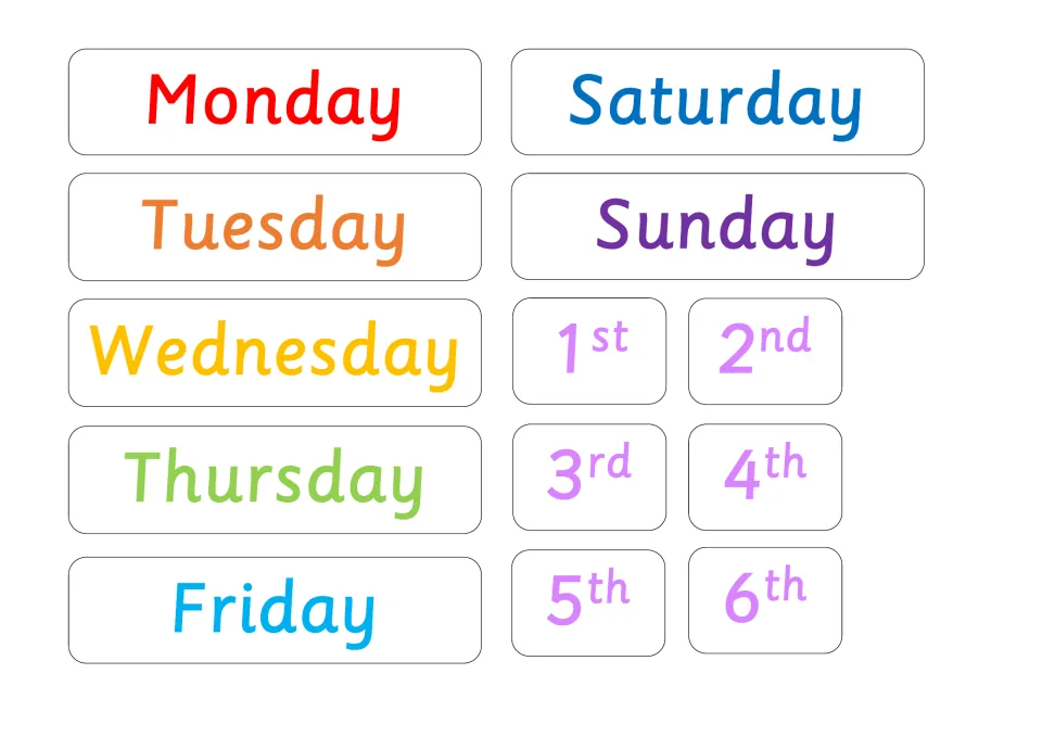 Day of the week cards Monday to Sunday in rainbow colors, plus purple ordinal date cards 1st through 6th to cut out