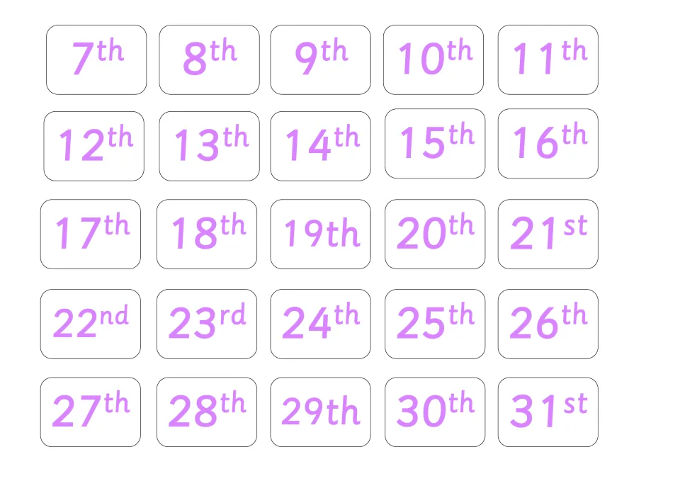 Ordinal date cards 7th through 31st in purple, completing the set so students can post the day's number on the board