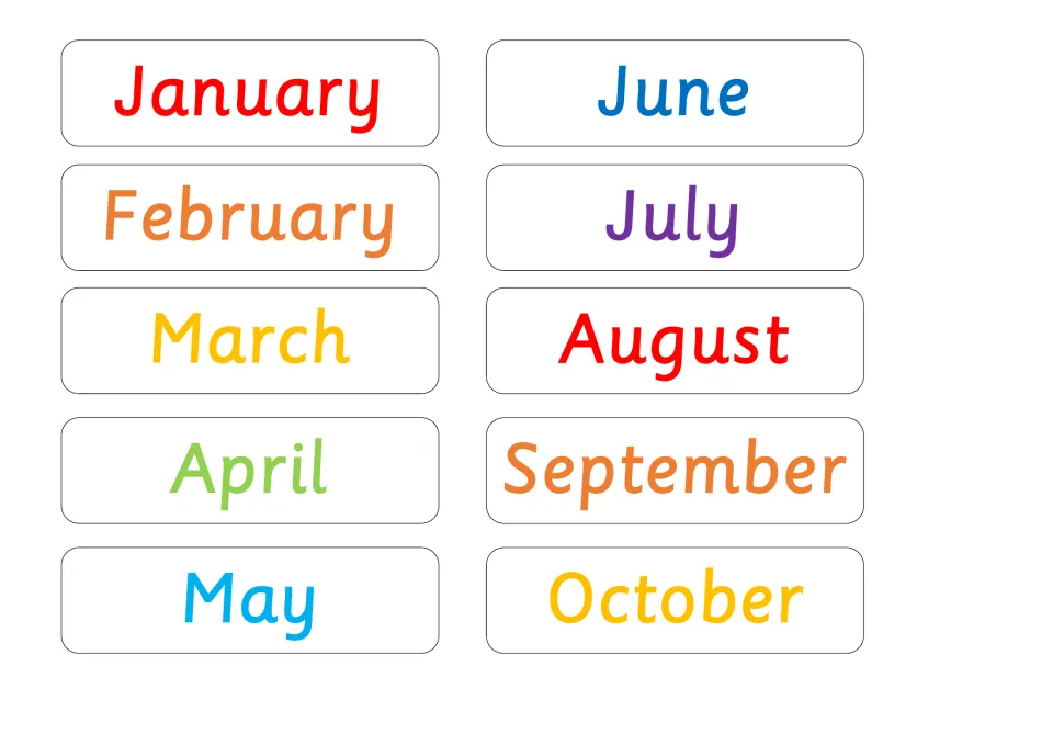 Month name cards January through October in colored letters, cut out for students to show the current month