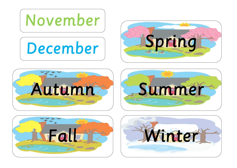 November and December month cards plus illustrated season cards: Spring, Summer, Autumn, Fall and Winter house scenes