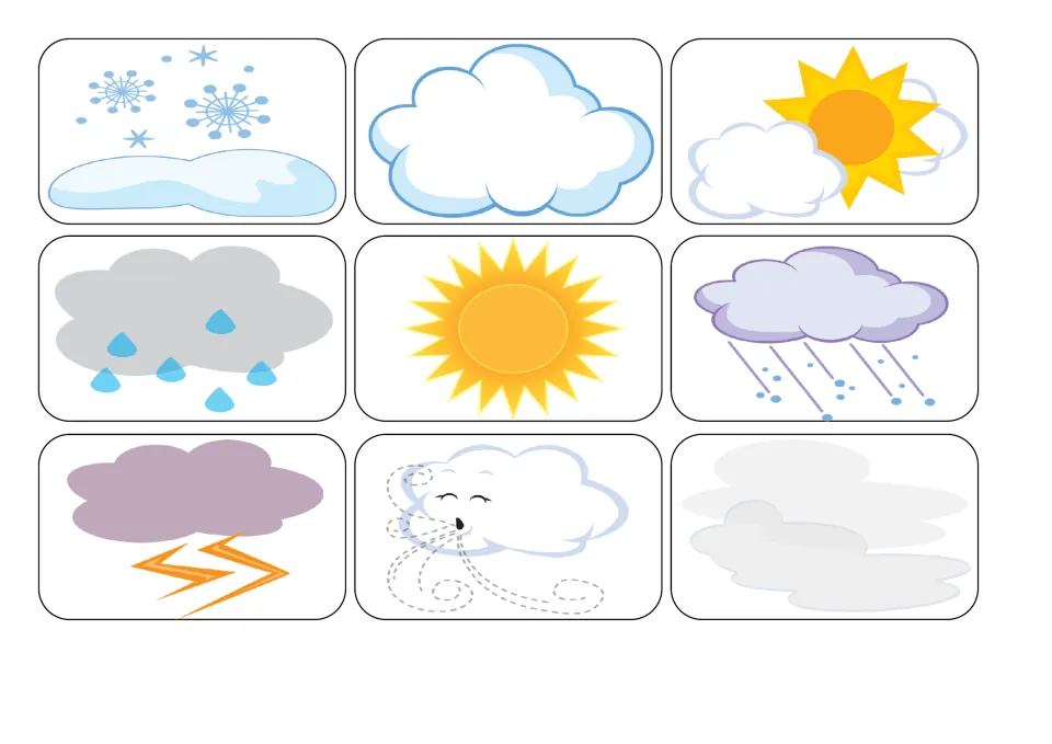 Weather picture cards without words: snow, cloudy, partly sunny, rain, sunny, heavy rain, thunderstorm, windy and fog