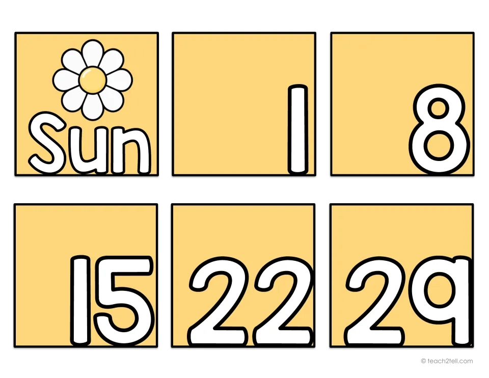 Calendar date card sheet containing the Sunday label Sun and five number cards: 1, 8, 15, 22, and 29