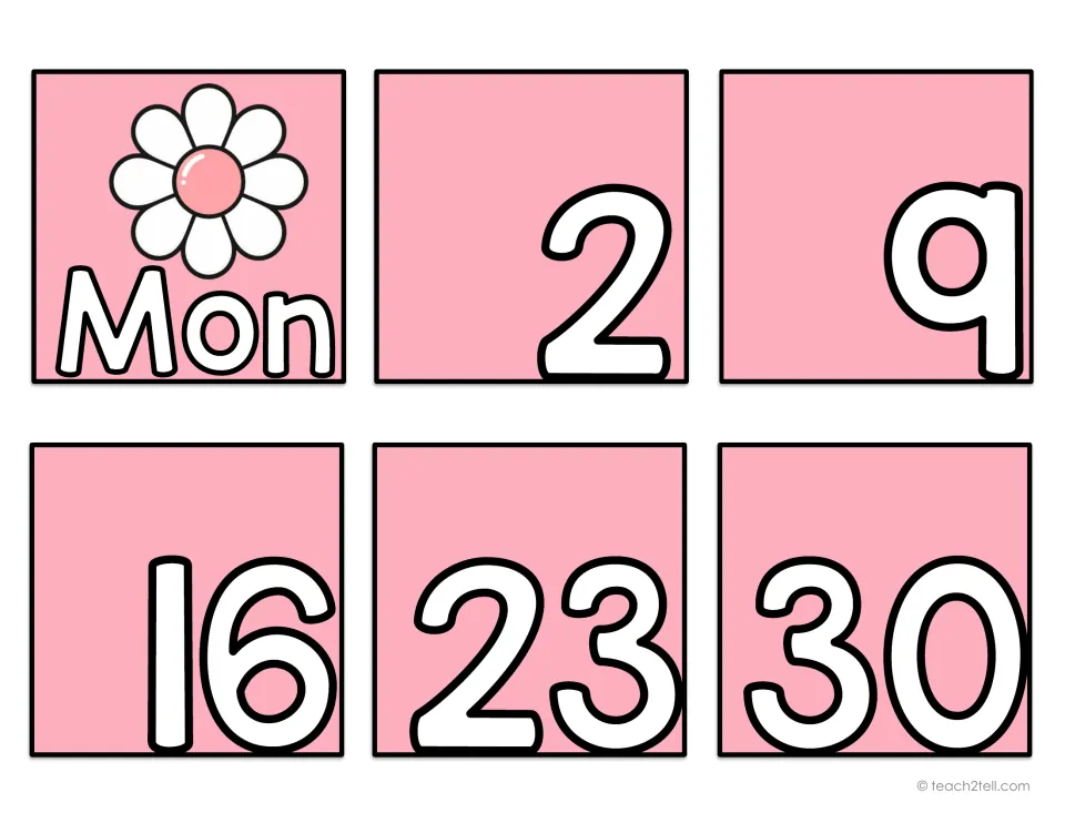 Calendar date card sheet containing the Monday label Mon and five number cards: 2, 9, 16, 23, and 30