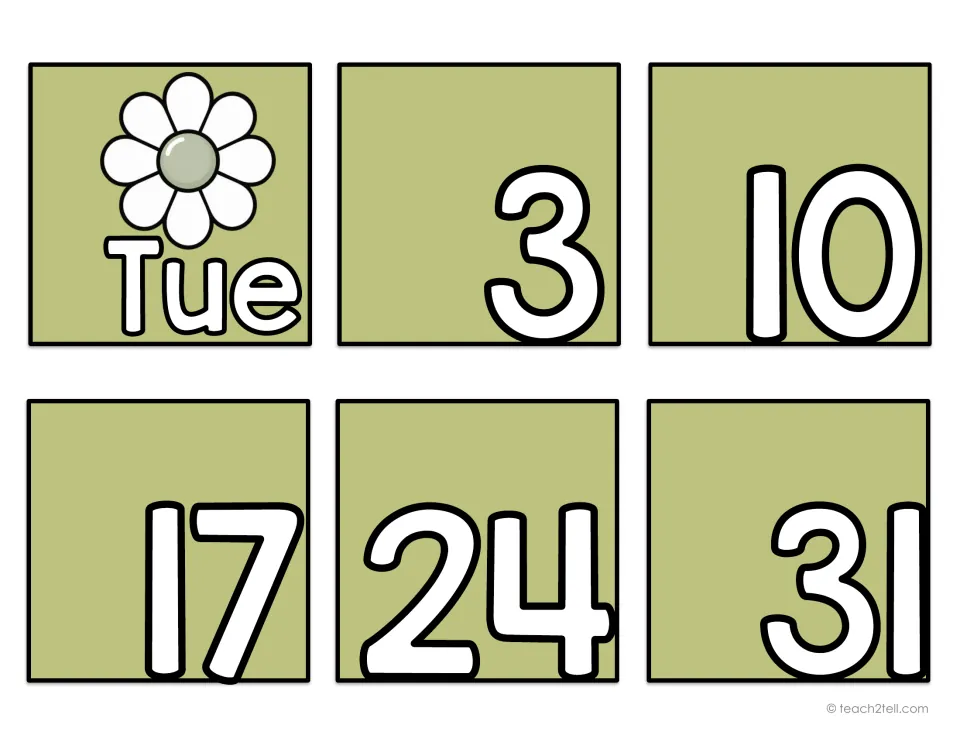 Calendar date card sheet containing the Tuesday label Tue and five number cards: 3, 10, 17, 24, and 31