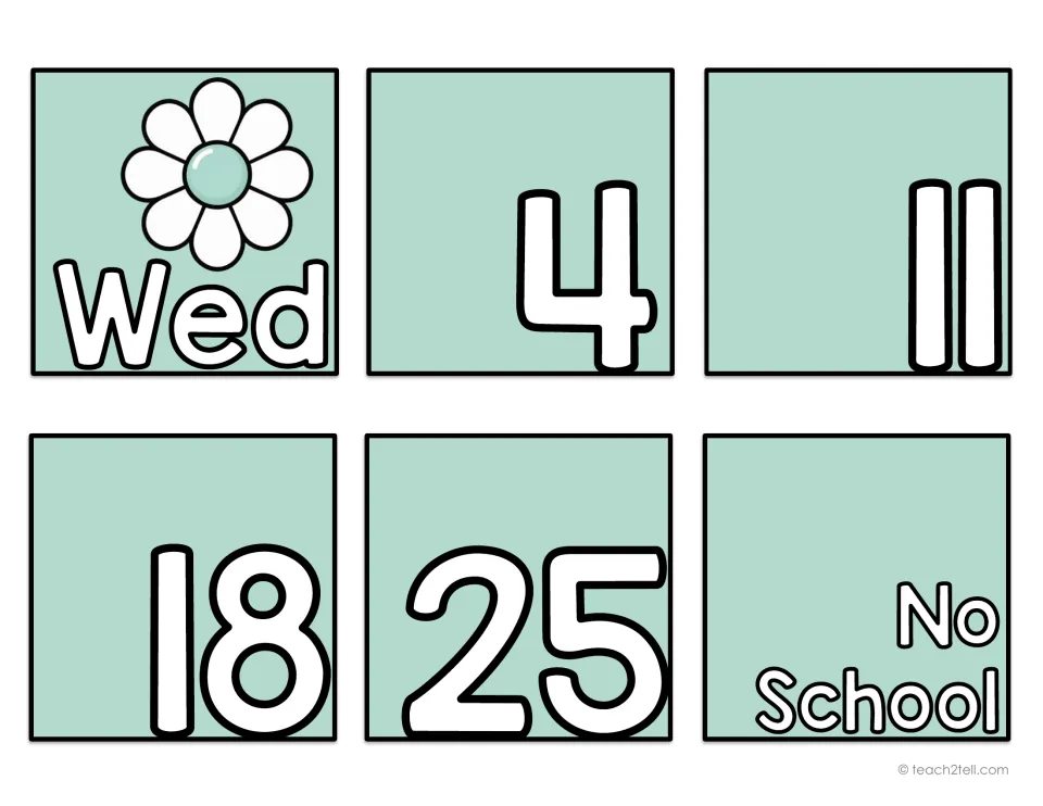 Calendar date card sheet containing the Wednesday label Wed, numbers 4, 11, 18, 25, and a No School card