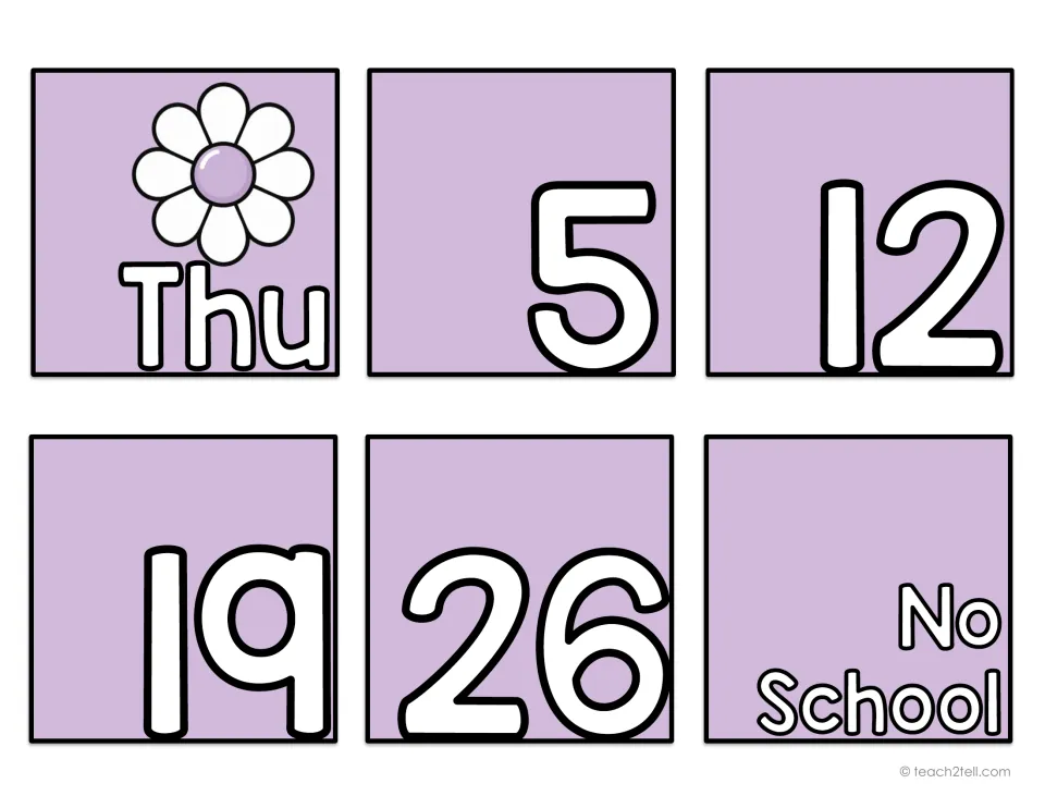 Calendar date card sheet containing the Thursday label Thu, numbers 5, 12, 19, 26, and a No School card
