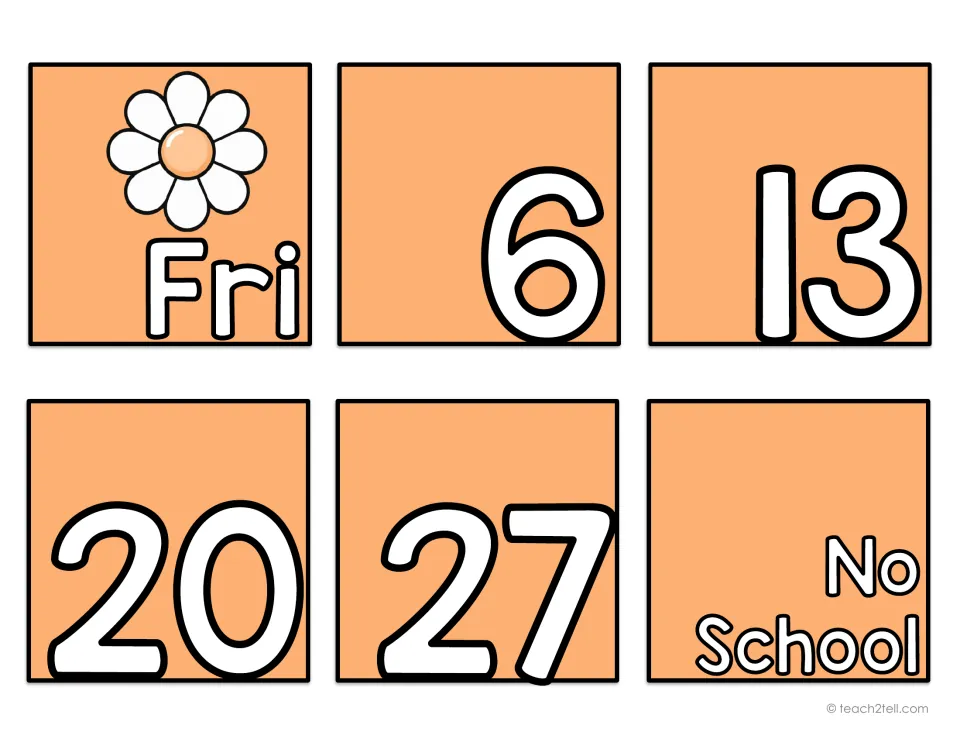 Calendar date card sheet containing the Friday label Fri, numbers 6, 13, 20, 27, and a No School card