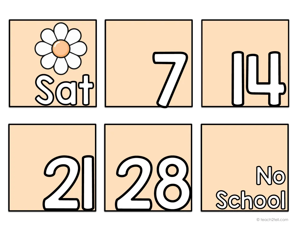 Calendar date card sheet containing the Saturday label Sat, numbers 7, 14, 21, 28, and a No School card