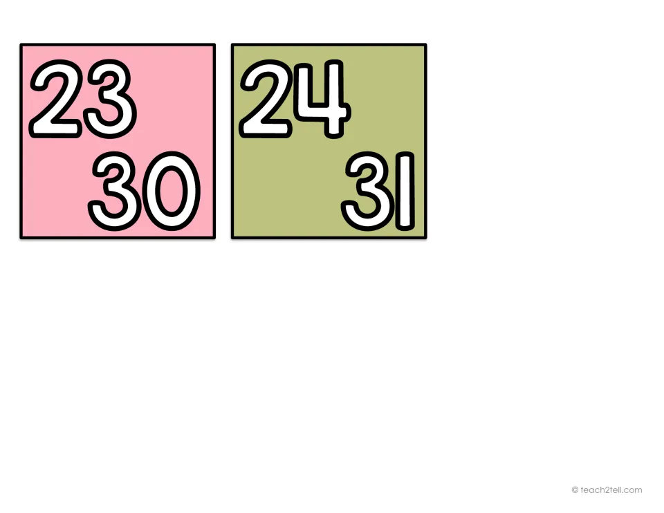 Two combined-date cards for the pocket chart calendar: one pairs 23 with 30, and the other pairs 24 with 31