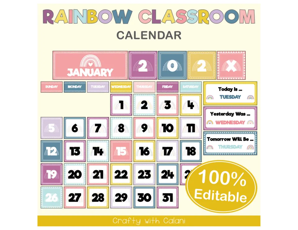 Rainbow Classroom Calendar cover: pastel month, year, weekday and date cards with today, yesterday, tomorrow cards
