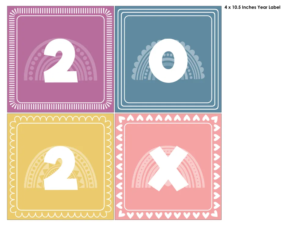Year label tiles reading 2, 0, 2 and X on purple, blue, yellow and pink rainbow squares for a 4 x 10.5 inch label
