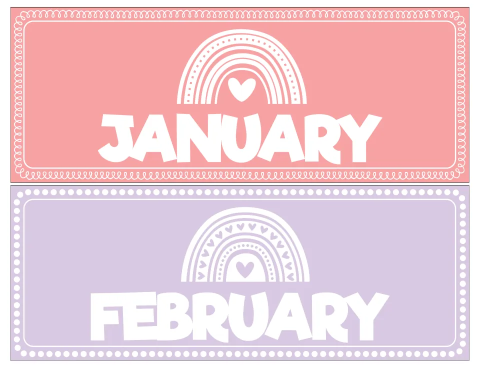 Month headers for January in pink and February in lavender, each with a white rainbow and heart design