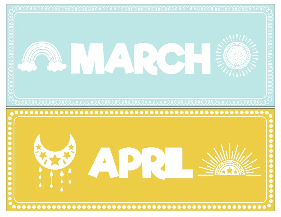 Month headers for March in aqua with a rainbow and sun, and April in yellow with a starry moon and rising sun