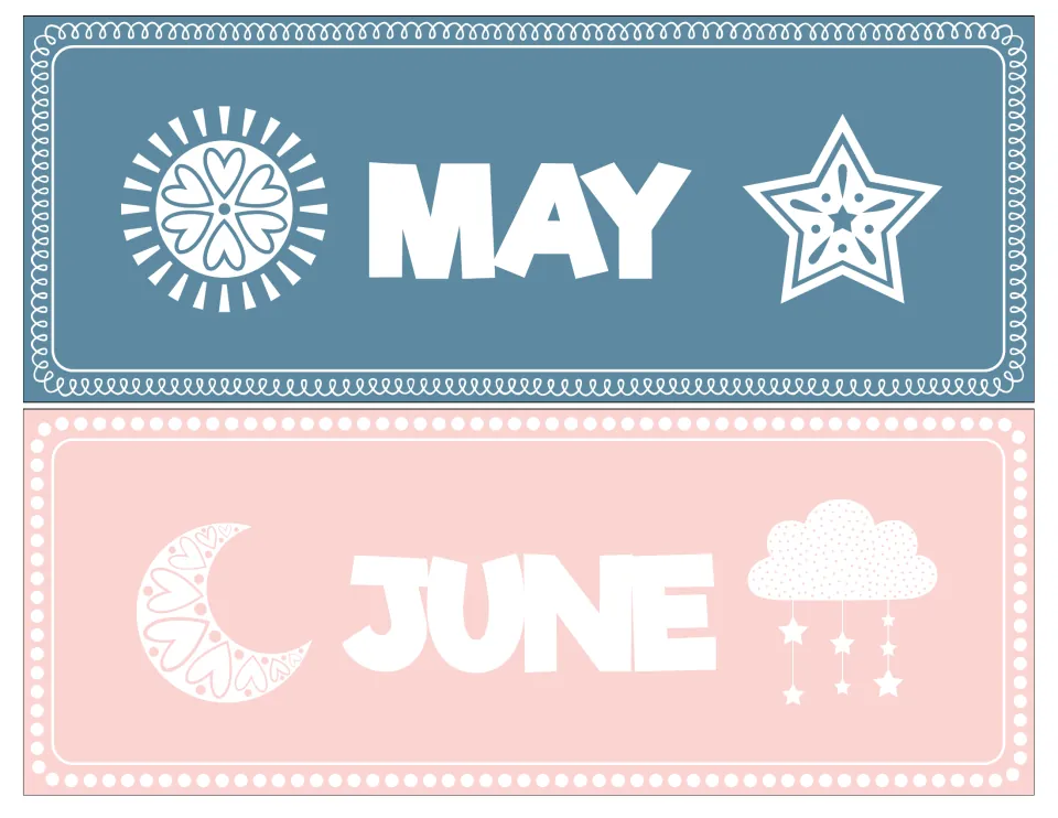 Month headers for May in slate blue with a sun and star, and June in blush pink with a crescent moon and starry cloud