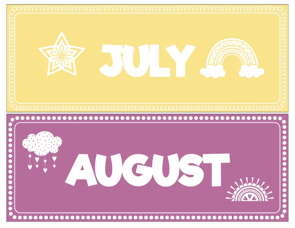 Month headers for July in pale yellow with a star and rainbow, and August in purple with a heart rain cloud and sun