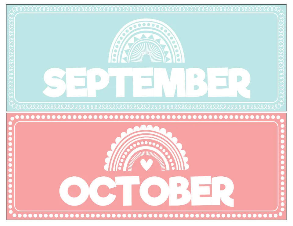 Month headers for September in aqua and October in coral pink, each topped with a white patterned rainbow