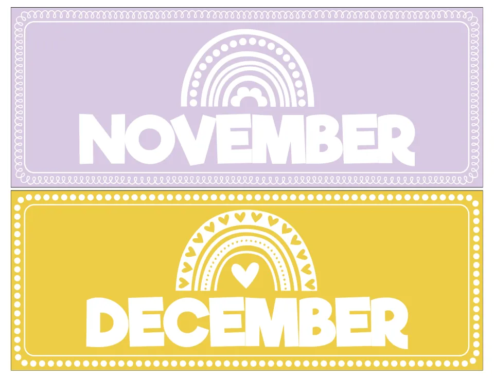 Month headers for November in lavender and December in mustard yellow, each topped with a white rainbow motif