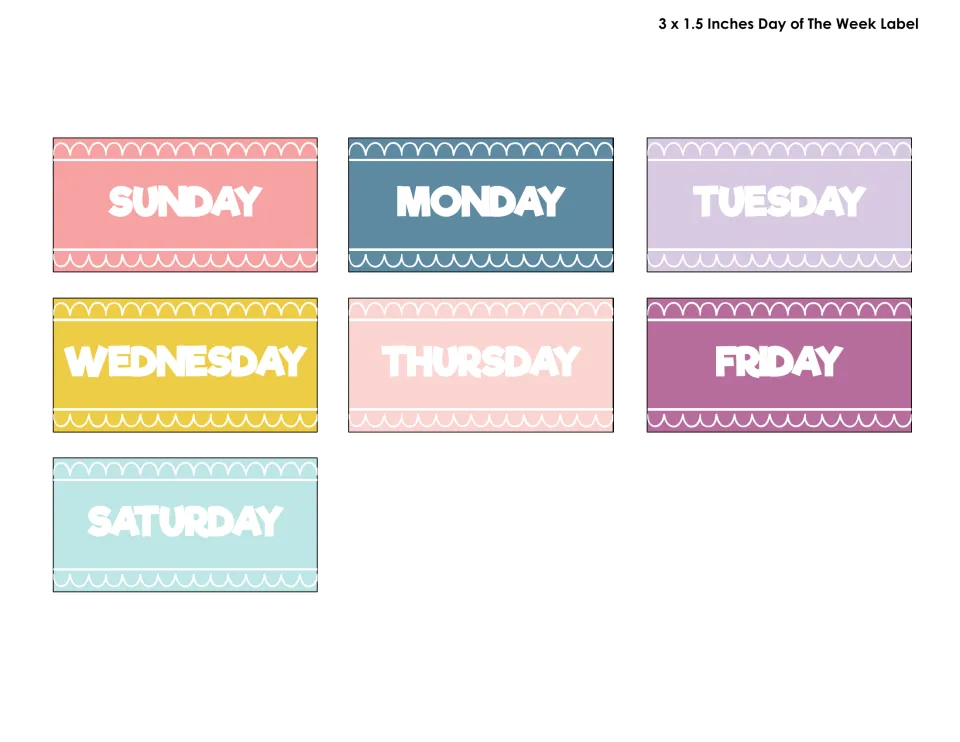 Day of the week labels from Sunday to Saturday, one pastel color per day, sized 3 x 1.5 inches to sit above the dates