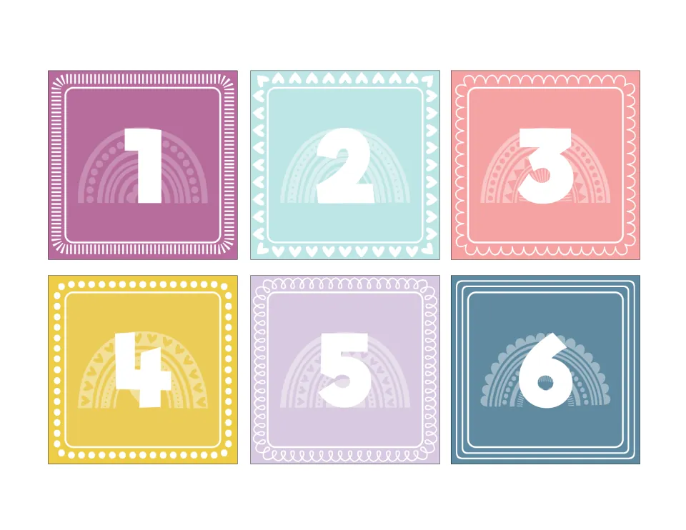 Date cards numbered 1 to 6 on purple, aqua, coral, yellow, lavender and blue backgrounds, each with a faded rainbow