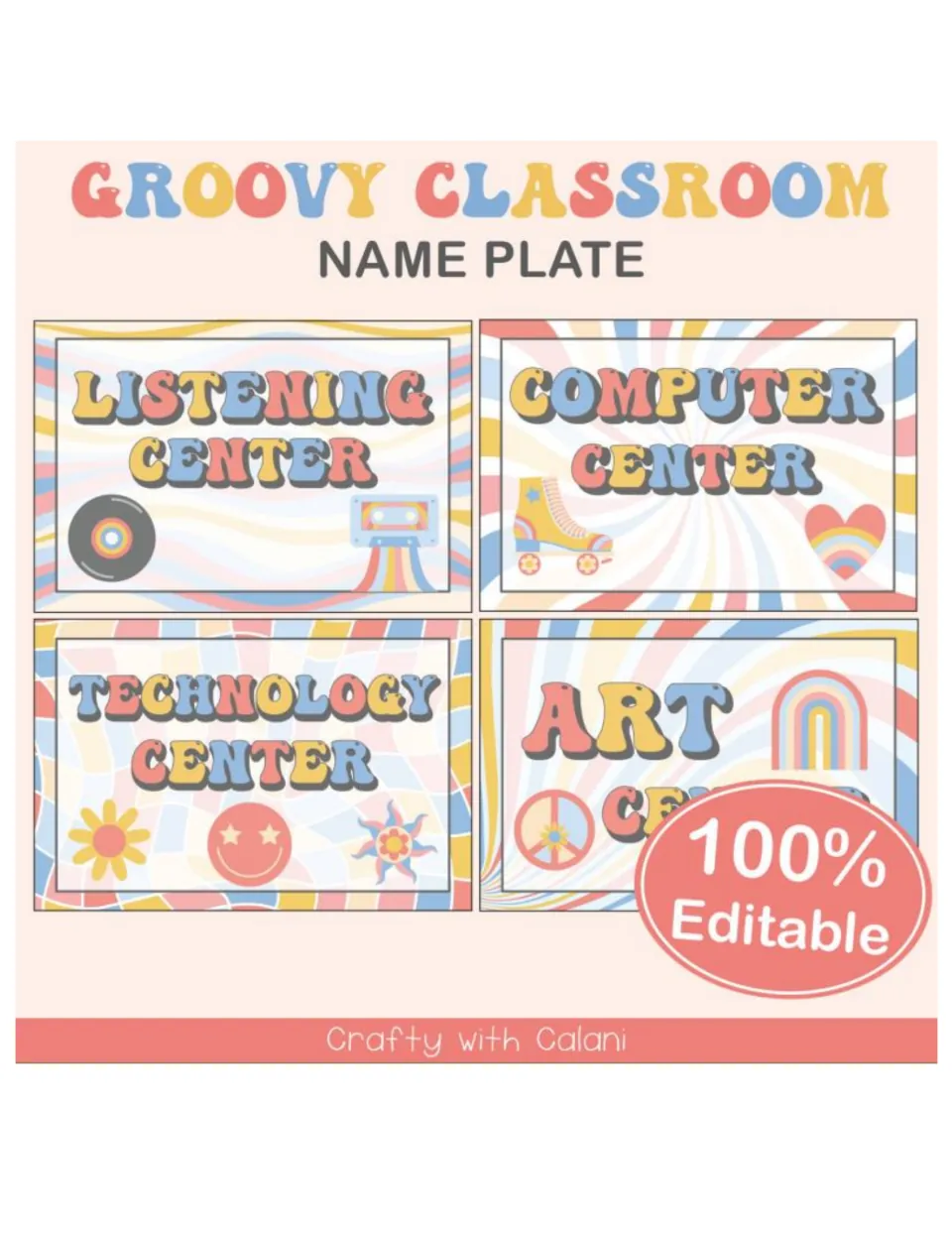 Groovy Classroom Name Plate cover showing Listening, Computer, Technology and Art center signs in retro rainbow lettering