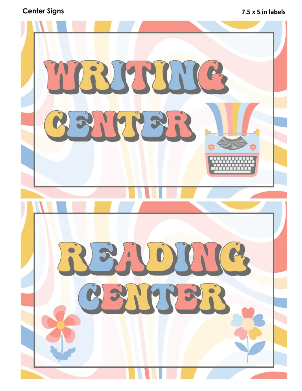 Writing Center sign with a rainbow typewriter and Reading Center sign with flowers, retro lettering on 7.5 x 5 in labels
