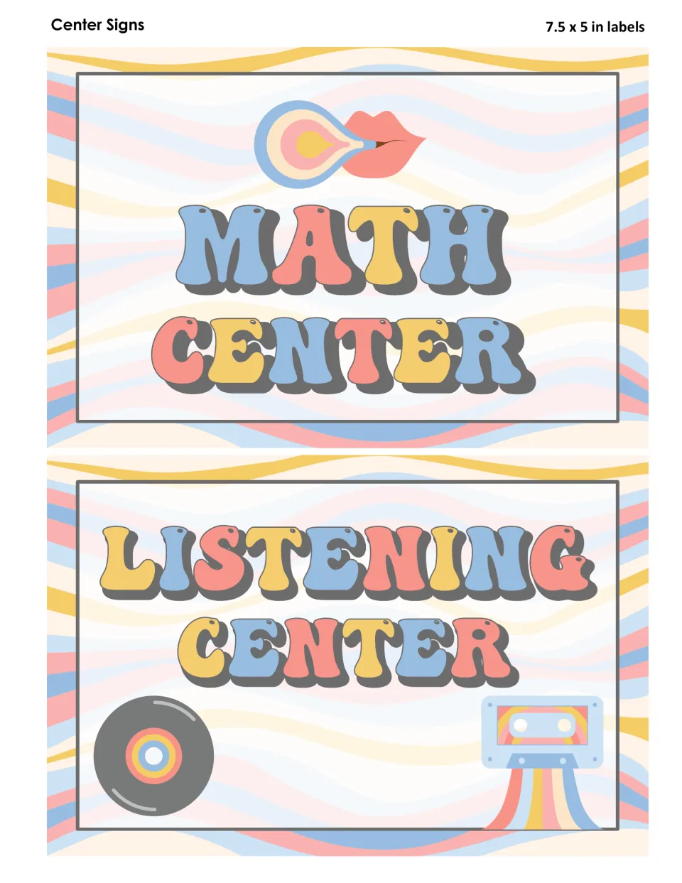 Math Center sign with a bubble-gum lips graphic and Listening Center sign with a vinyl record and cassette tape