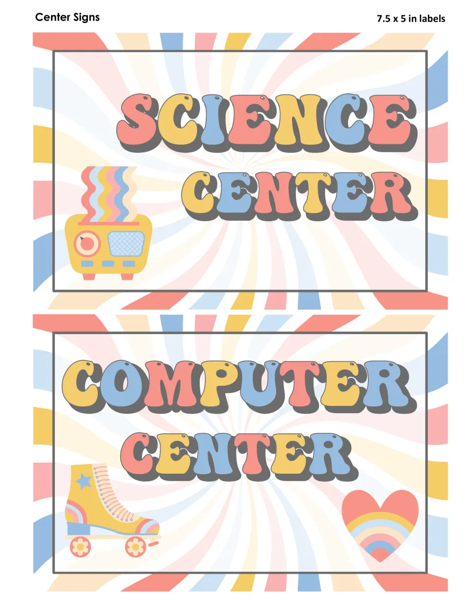 Science Center sign with a retro yellow radio and Computer Center sign with a roller skate and rainbow heart on swirls