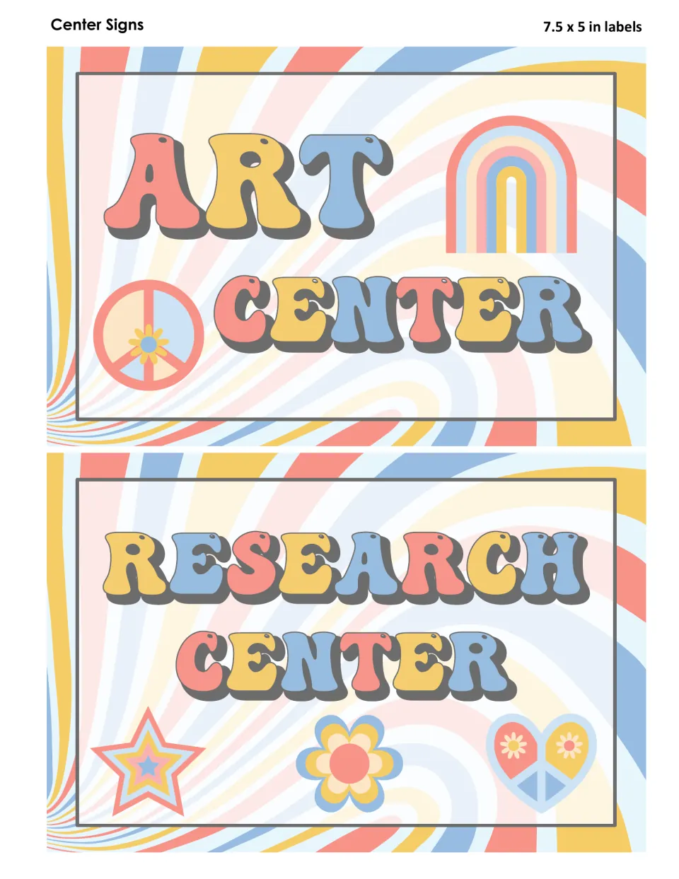 Art Center sign with a rainbow and peace symbol and Research Center sign with a star, flower and peace heart