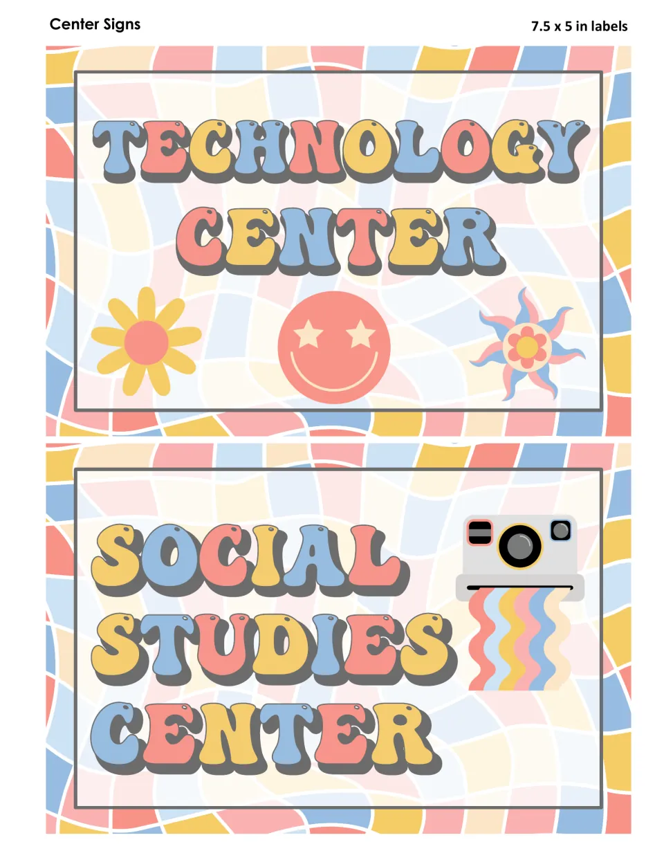 Technology Center sign with a smiley face, flower and sun and Social Studies Center sign with an instant camera graphic