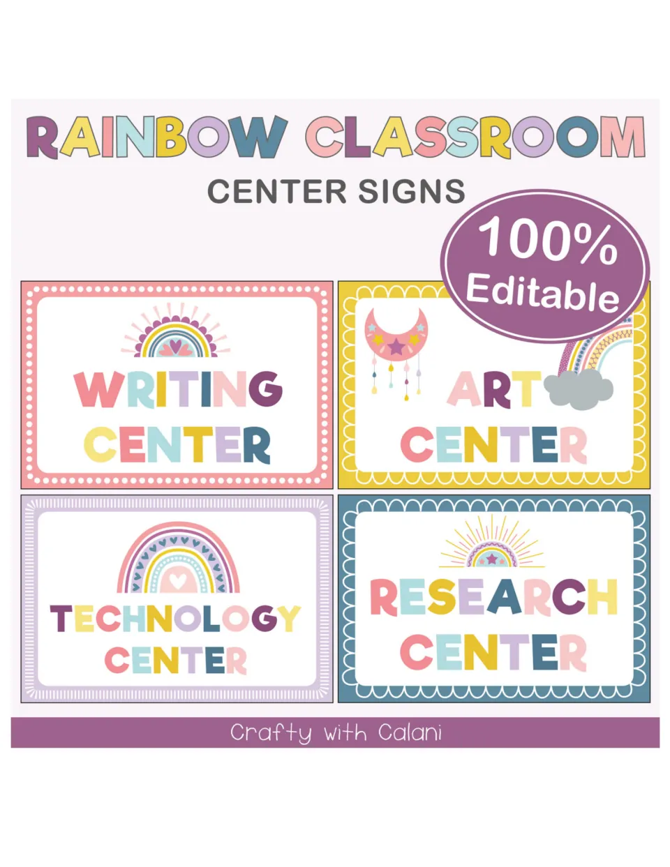 Cover of the rainbow classroom center sign set, showing Writing, Art, Technology, and Research samples