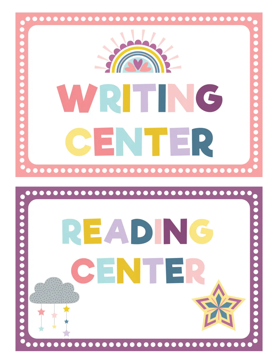 Writing Center and Reading Center signs, the first two labels in the editable classroom center sign set