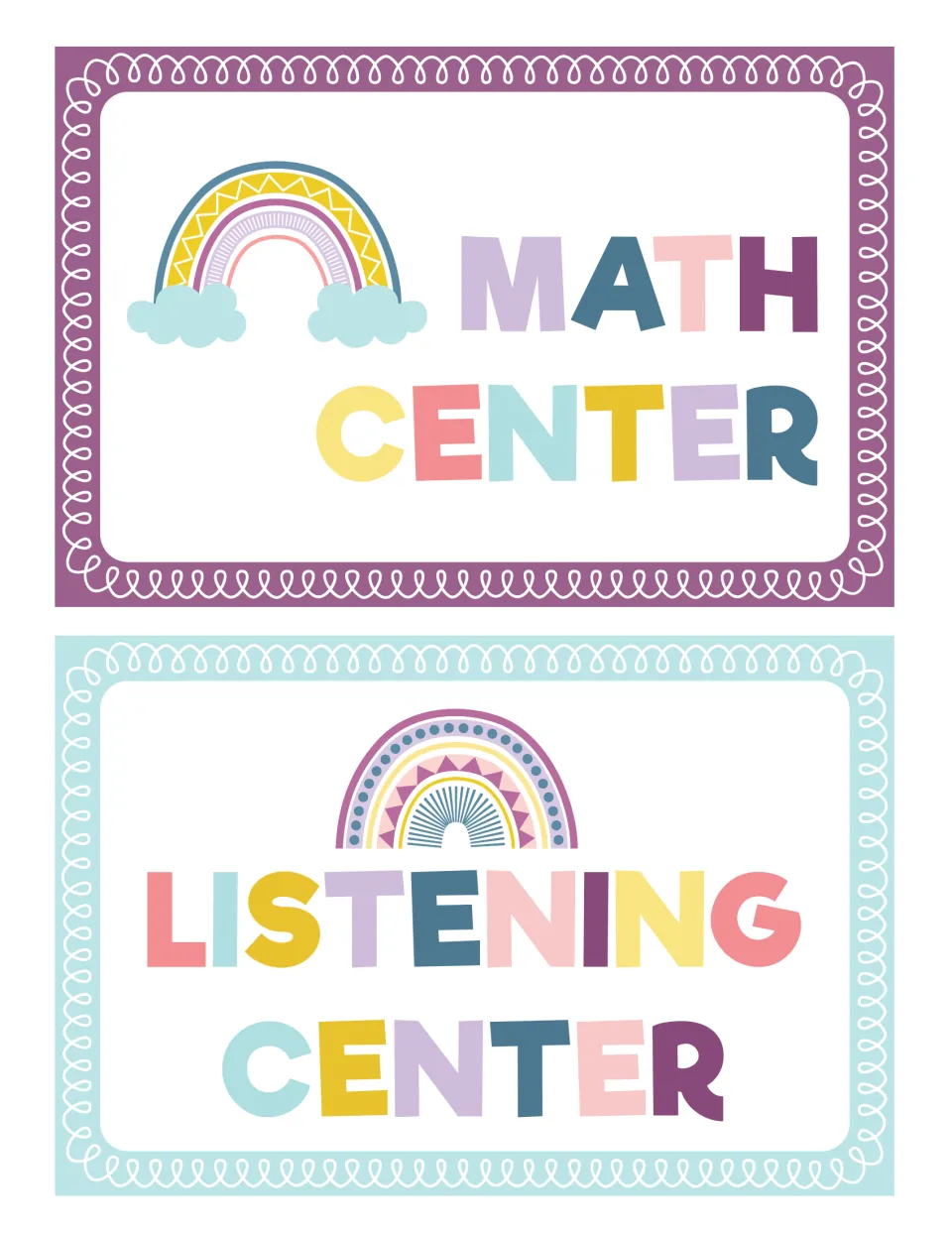 Math Center and Listening Center signs, the third and fourth labels in the classroom center sign set