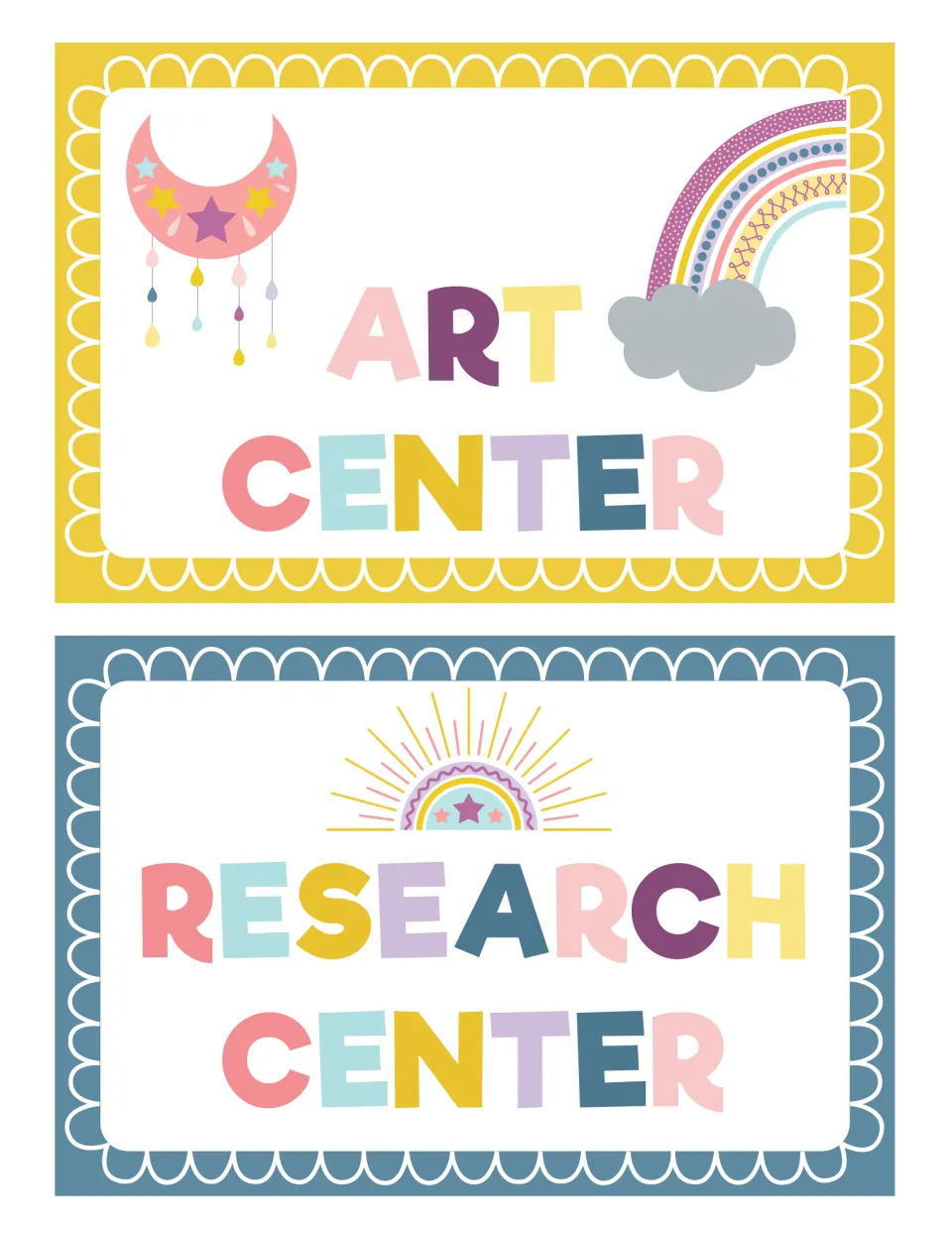 Art Center and Research Center signs, the fifth and sixth labels in the classroom center sign set