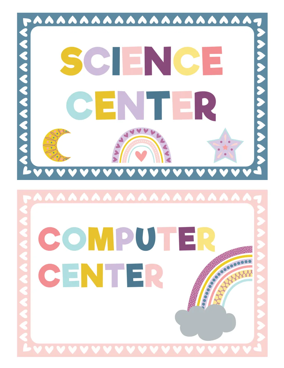 Science Center and Computer Center signs, the seventh and eighth labels in the classroom center sign set