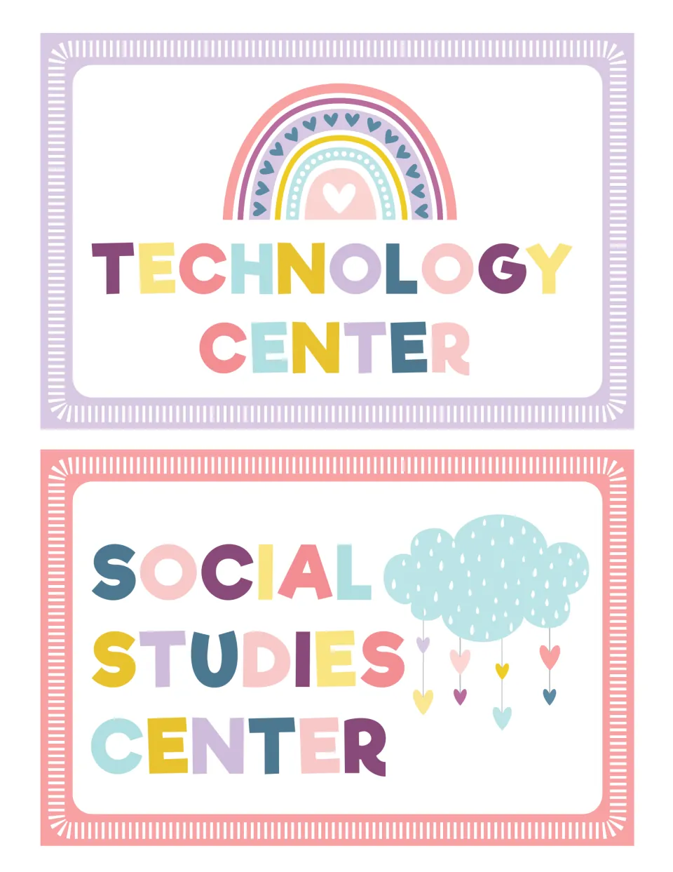 Technology Center and Social Studies Center signs, the final two labels in the classroom center sign set