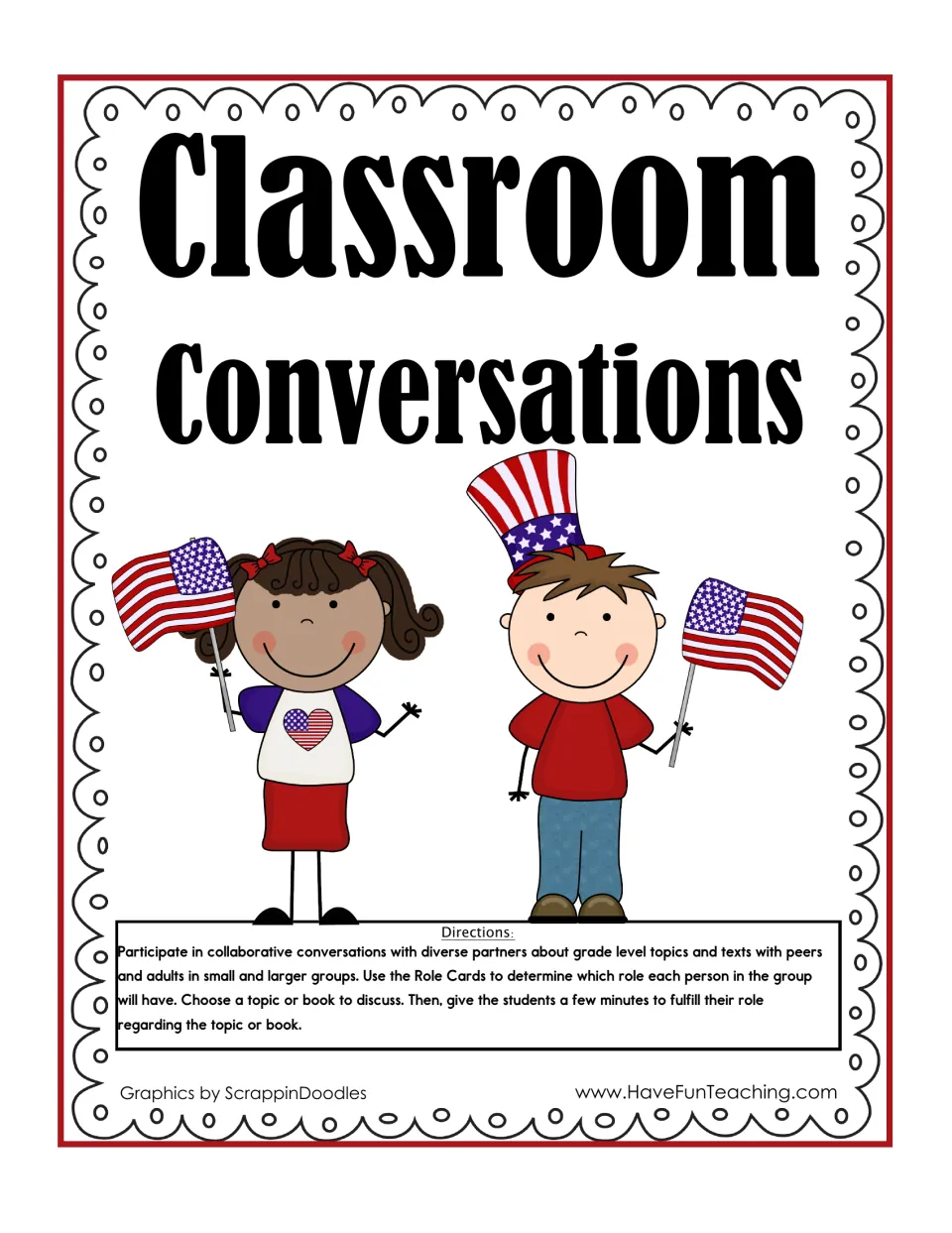 Classroom Conversations cover with directions: groups use role cards, pick a topic or book and discuss it in their roles