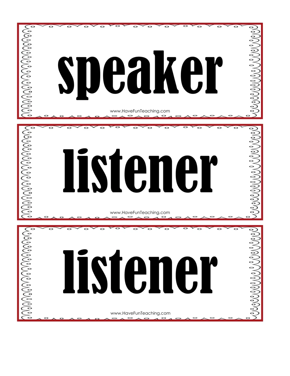 Discussion role cards: one speaker card and two listener cards that students take to show their part in a group talk