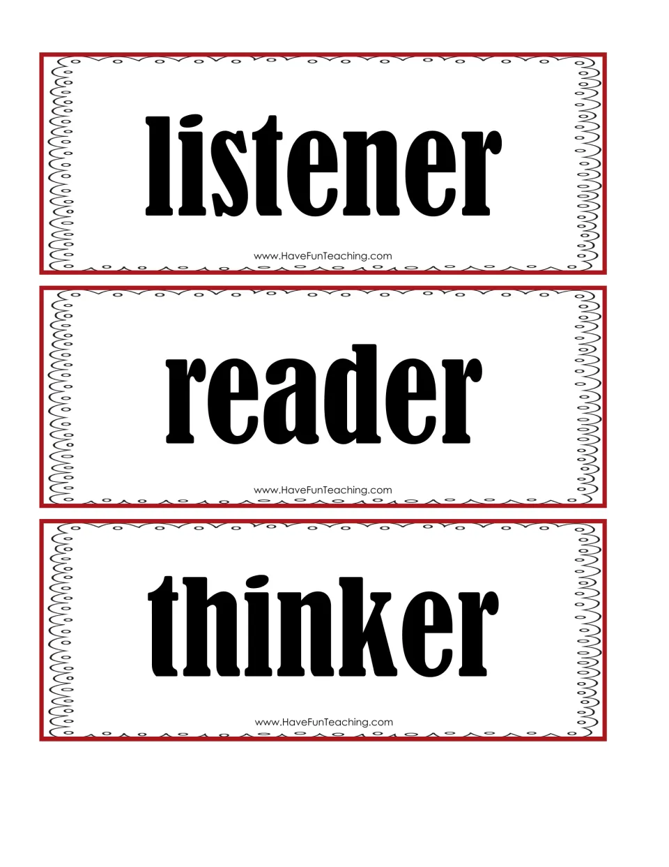 Group talk role cards: listener, reader and thinker, each naming the part a student plays while discussing a book or topic