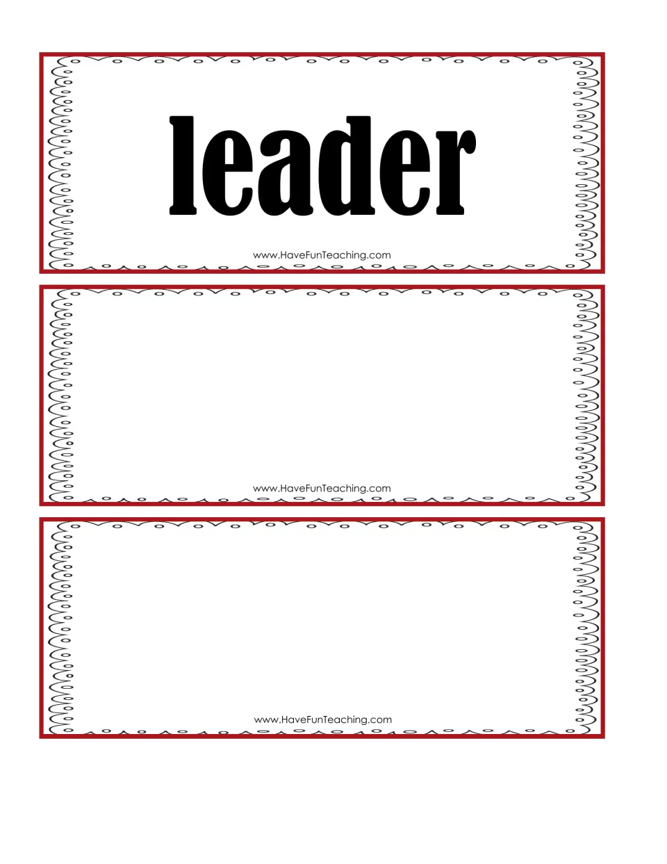 Leader role card for guiding a group discussion, plus two blank cards for teachers to write in their own conversation roles