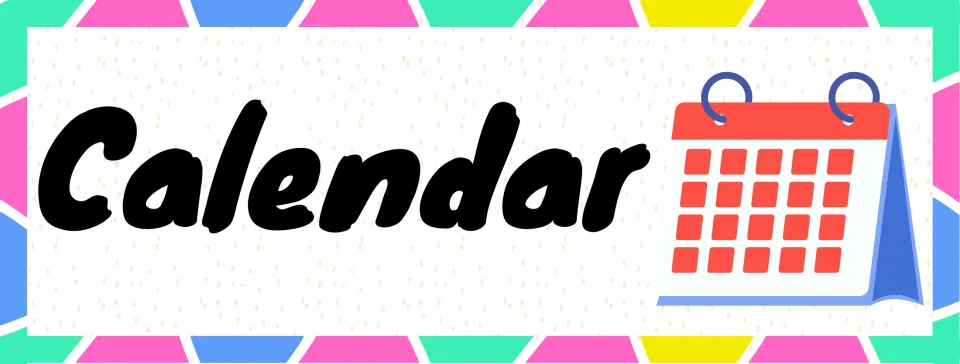 Calendar schedule card: the word Calendar beside a red and white desk calendar with blue rings at the top