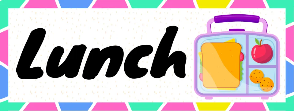 Lunch schedule card: the word Lunch beside a purple lunchbox holding a sandwich, a red apple and two cookies