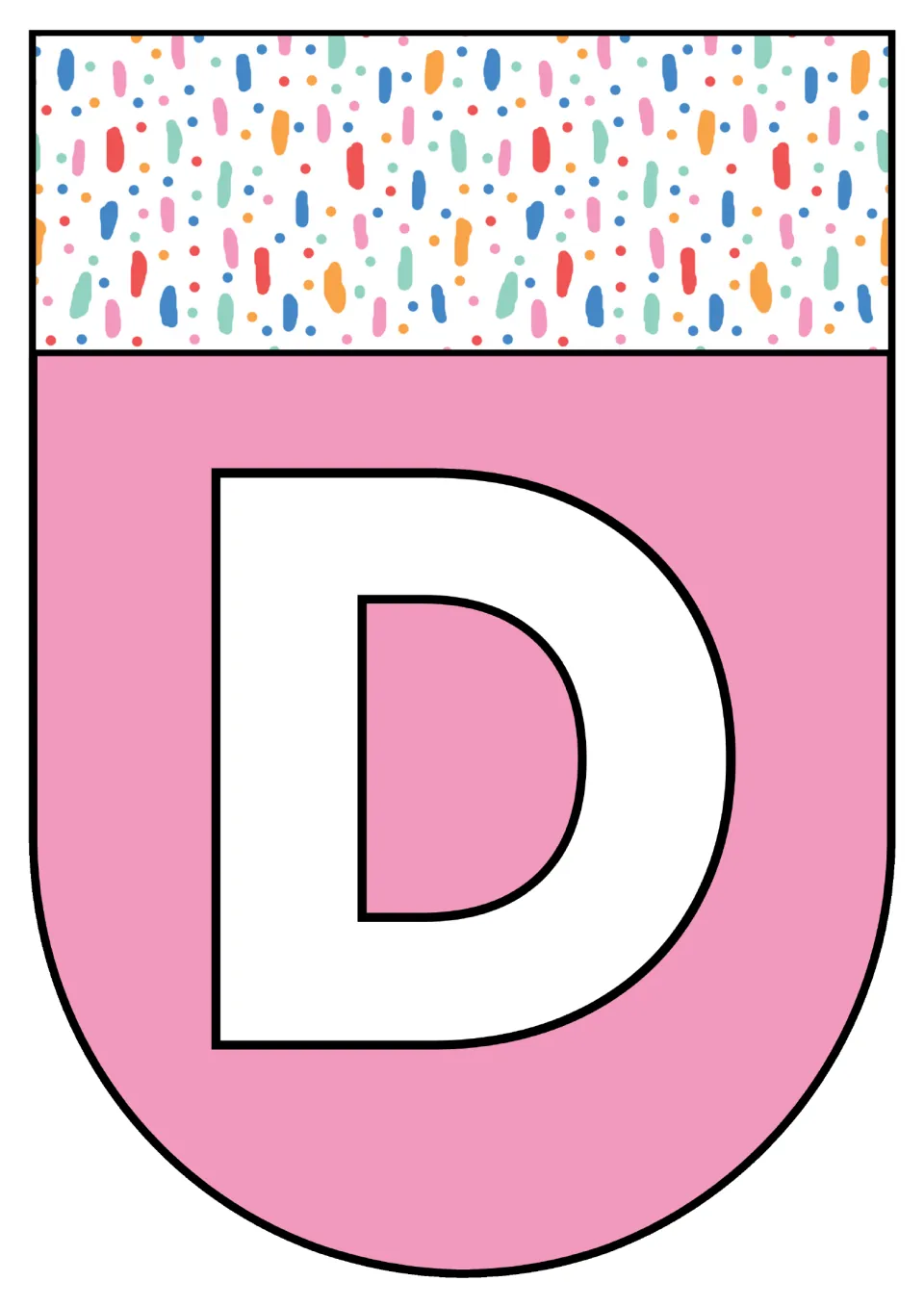 Alphabet pennant featuring uppercase D, one of the printable letter pages in the classroom decor resource.