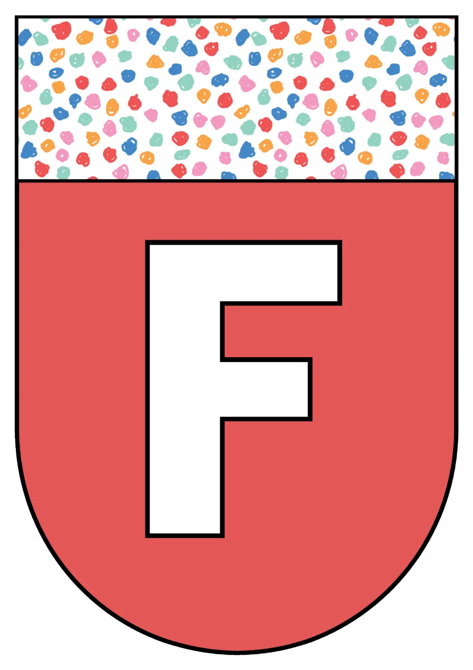 Alphabet pennant featuring uppercase F, one of the printable letter pages in the classroom decor resource.